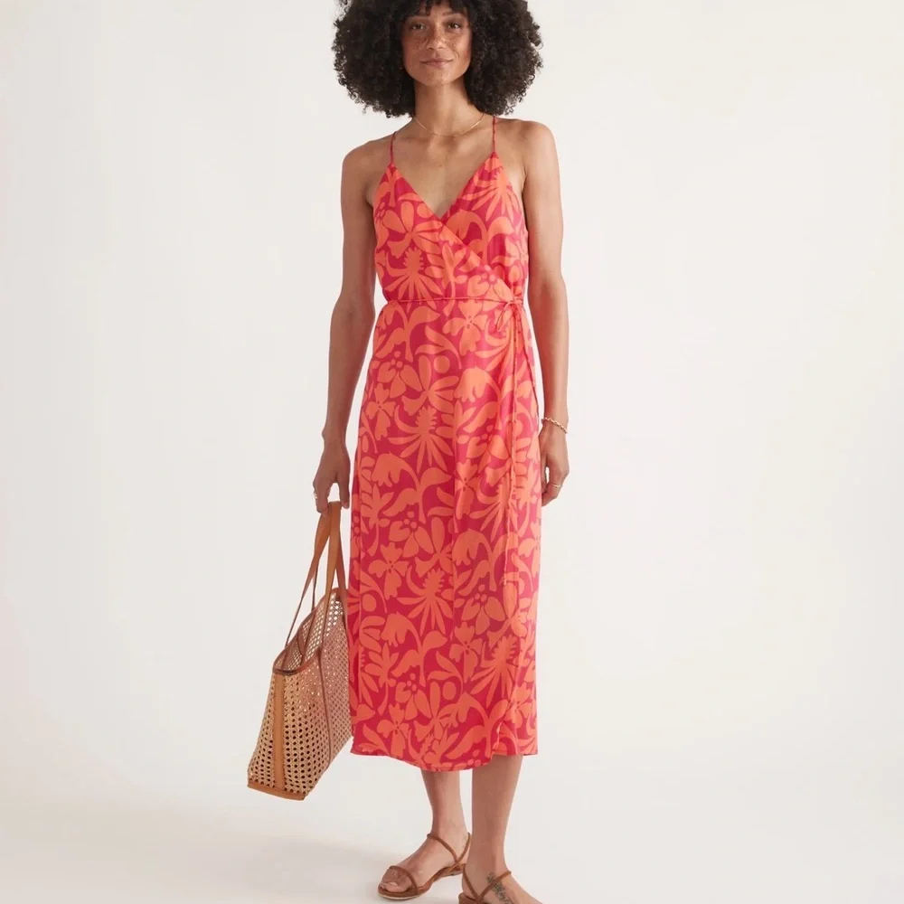 Floral Pink/orange wrap back cross Midi Dress casual classic summer - Picture 1 of 6